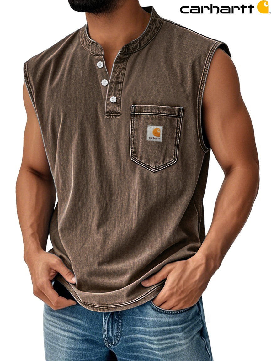 Carhartt Men's Vintage Stand Collar Casual Pocket Solid Color Sleeveless Henley Vest