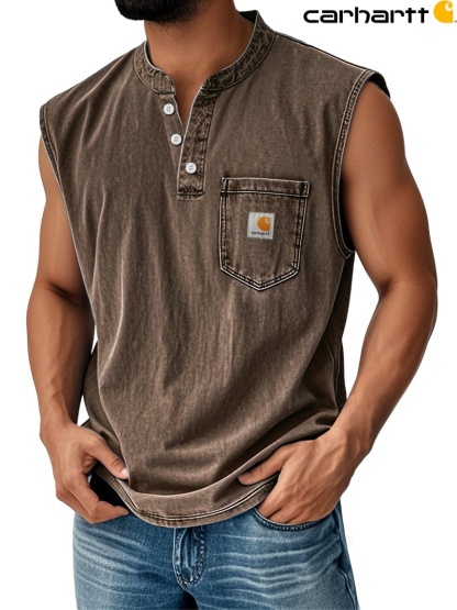 Carhartt Men's Vintage Stand Collar Casual Pocket Solid Color Sleeveless Henley Vest
