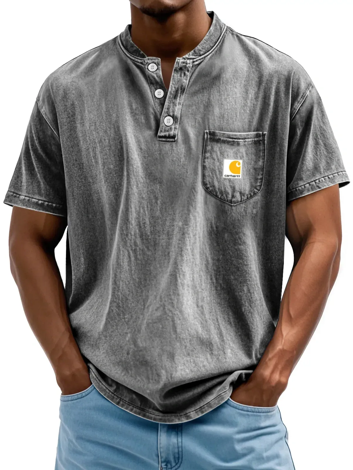 Carhartt Men's Retro Stand Collar Pocket Casual Solid Color Short Sleeve Henley Shirt