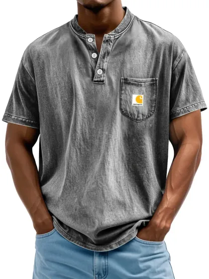 Carhartt Men's Retro Stand Collar Pocket Casual Solid Color Short Sleeve Henley Shirt