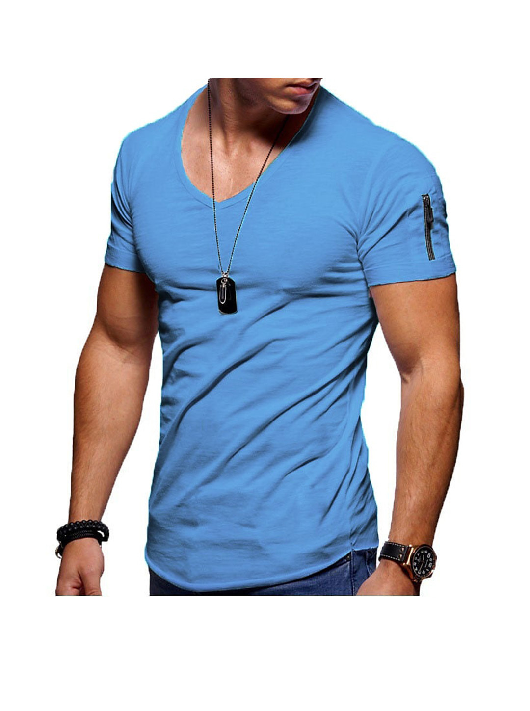 Men's Solid Color V- neck Short Sleeve T-shirt WIth Zippered Sleeve Arms
