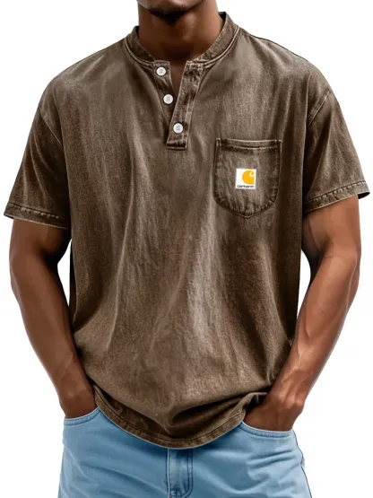 Carhartt Men's Retro Stand Collar Pocket Casual Solid Color Short Sleeve Henley Shirt