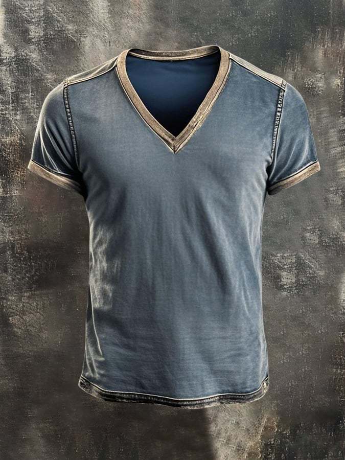 Men'S Retro Colorblock V-Neck Short Sleeve T-Shirt