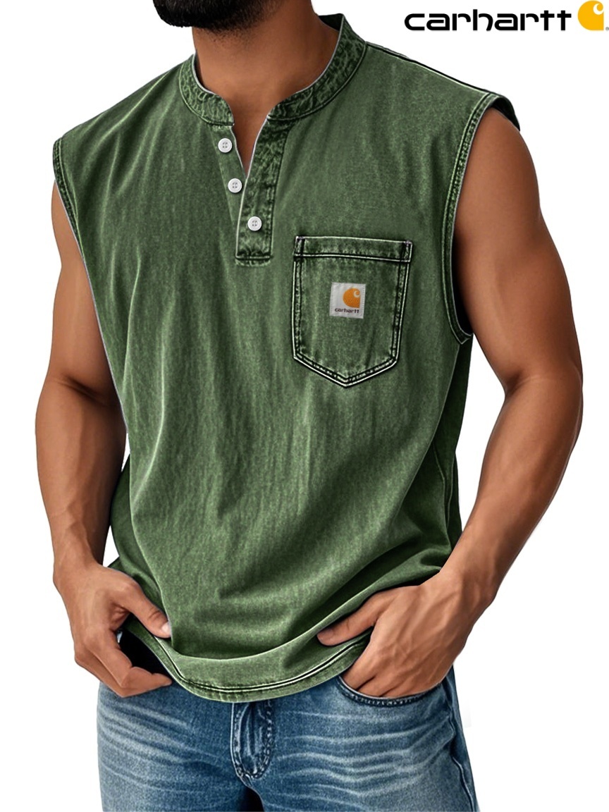 Carhartt Men's Vintage Stand Collar Casual Pocket Solid Color Sleeveless Henley Vest