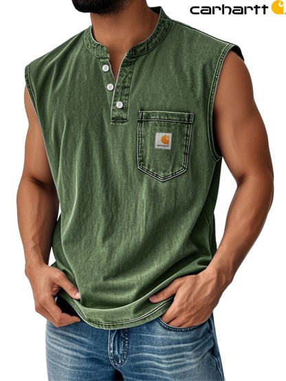 Carhartt Men's Vintage Stand Collar Casual Pocket Solid Color Sleeveless Henley Vest