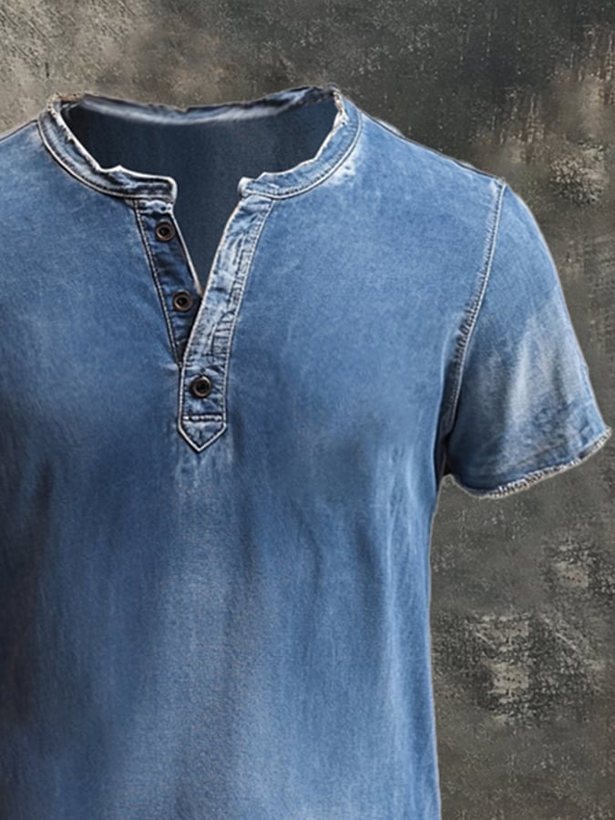 Men'S Vintage Washed Raw Edge Henley Collar Short Sleeve T-Shirt
