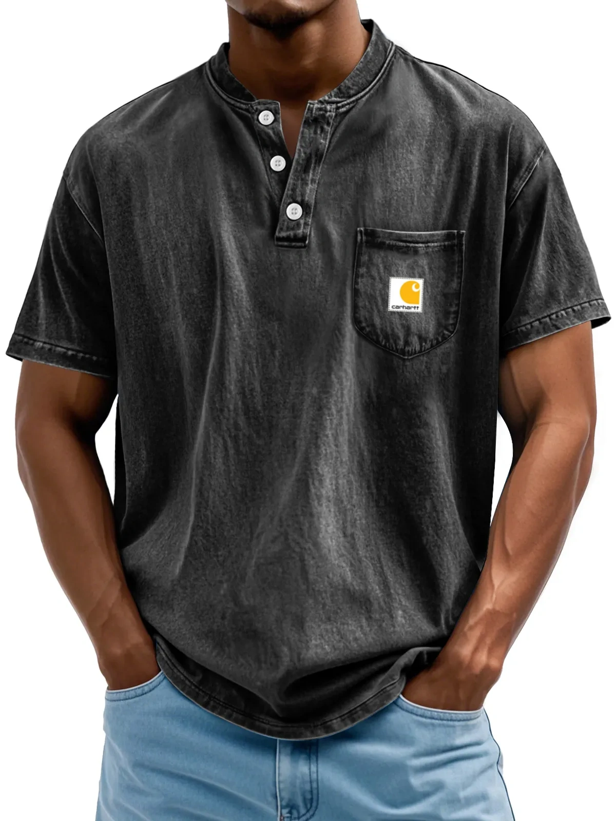Carhartt Men's Retro Stand Collar Pocket Casual Solid Color Short Sleeve Henley Shirt