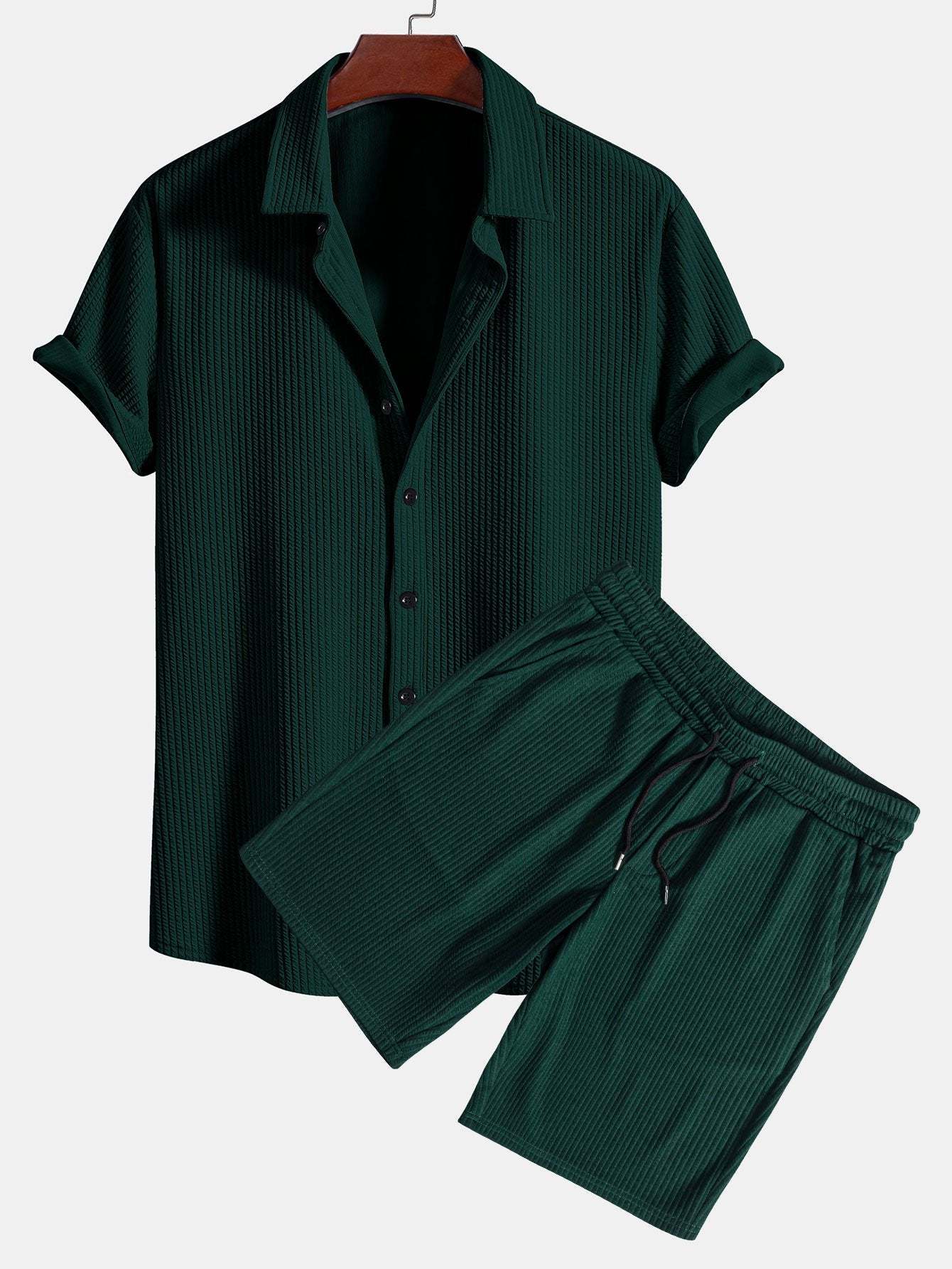 Muscle Fit Ribbed Button Up Shirt & Shorts