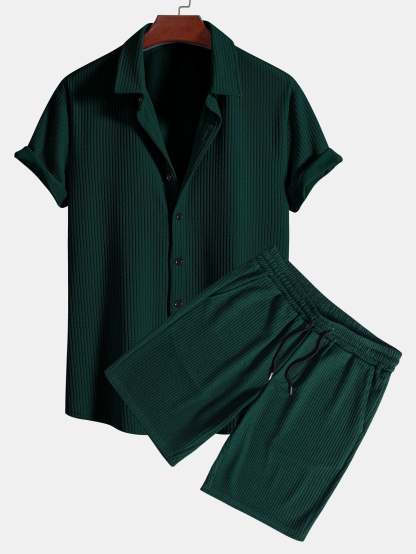 Muscle Fit Ribbed Button Up Shirt & Shorts