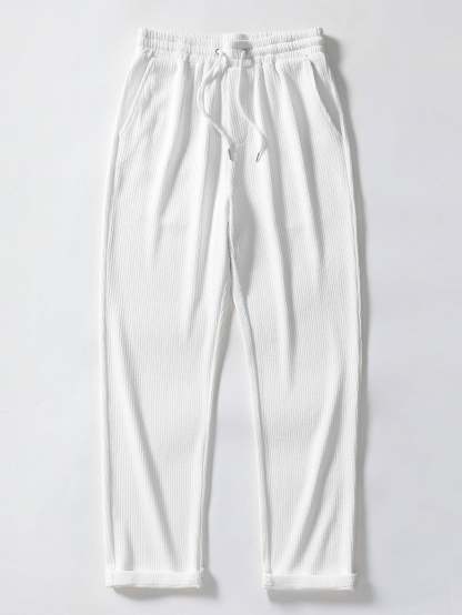 Texture Contrast Knitted V Neck Polo Shirt & Straight Leg Ribbed Pants