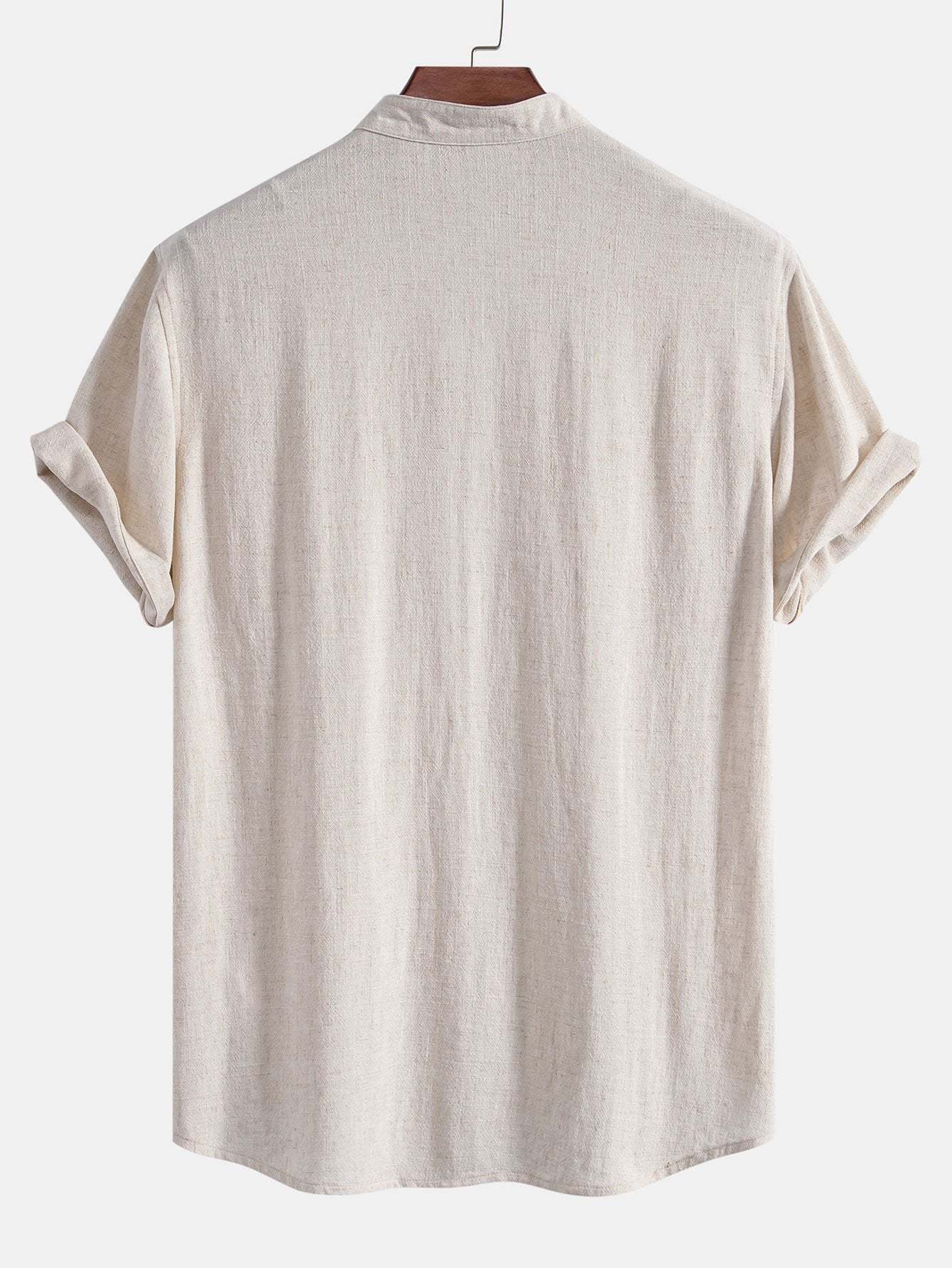 Short Sleeve V Neck Linen Rayon Blend Shirt