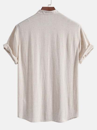Short Sleeve V Neck Linen Rayon Blend Shirt