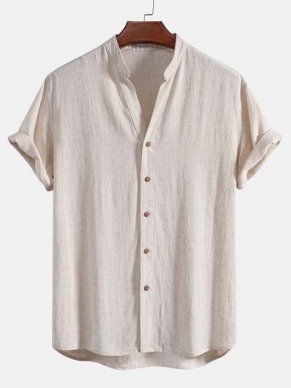 Short Sleeve V Neck Linen Rayon Blend Shirt