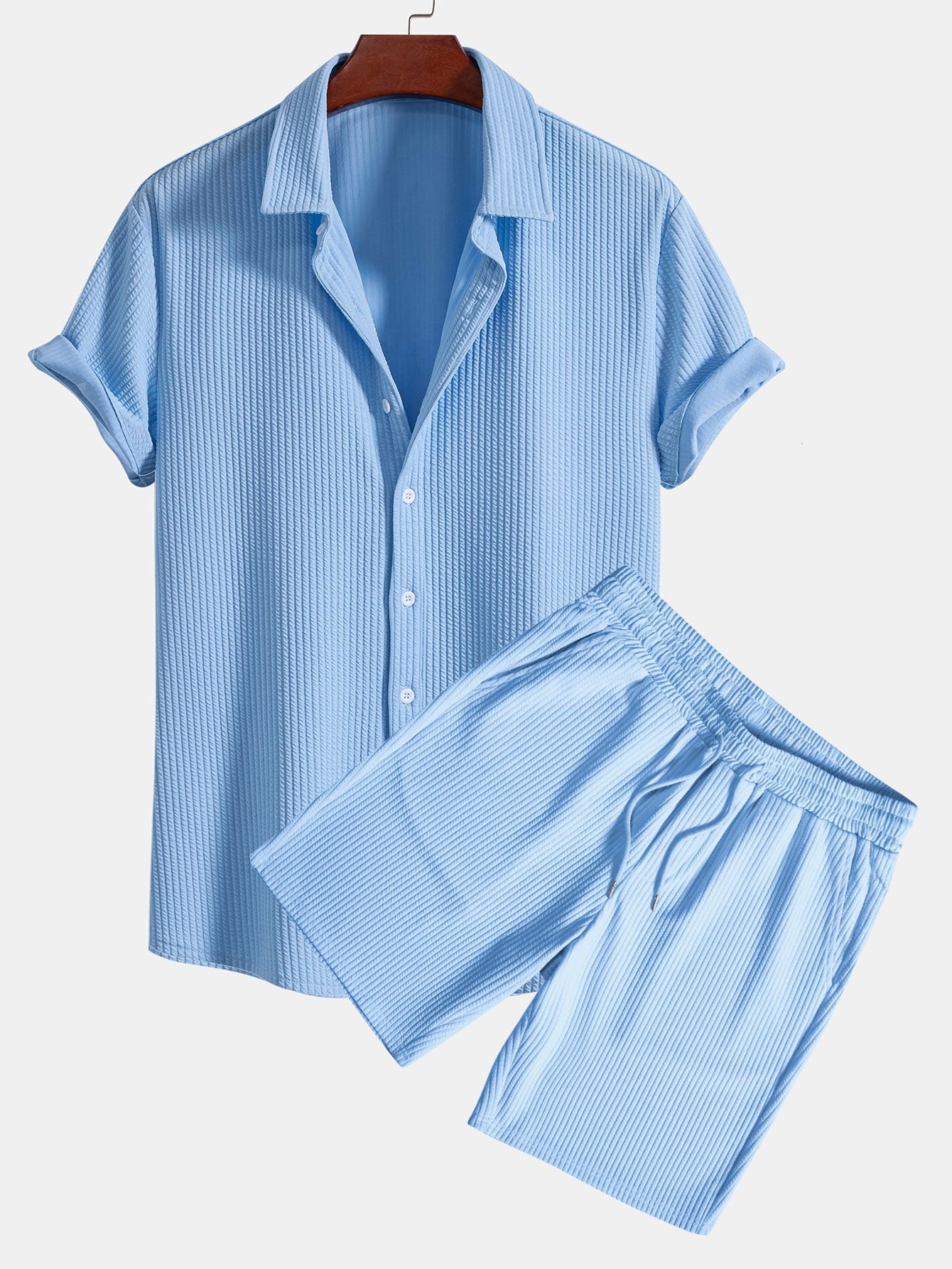 Muscle Fit Ribbed Button Up Shirt & Shorts