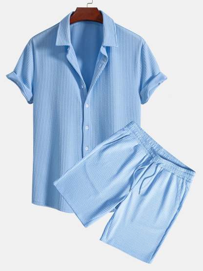 Muscle Fit Ribbed Button Up Shirt & Shorts