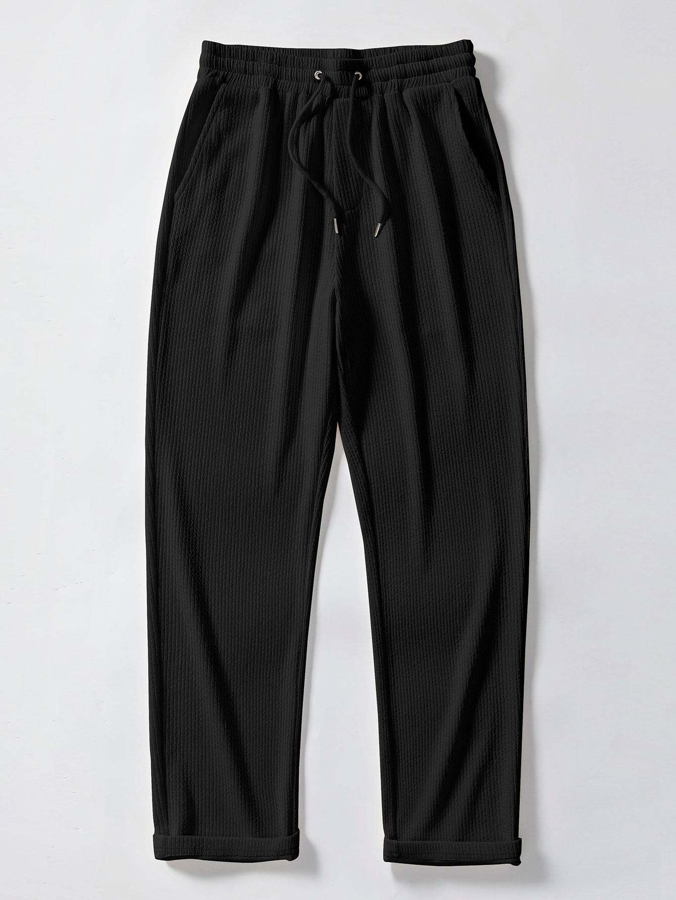 Texture Contrast Knitted V Neck Polo Shirt & Straight Leg Ribbed Pants