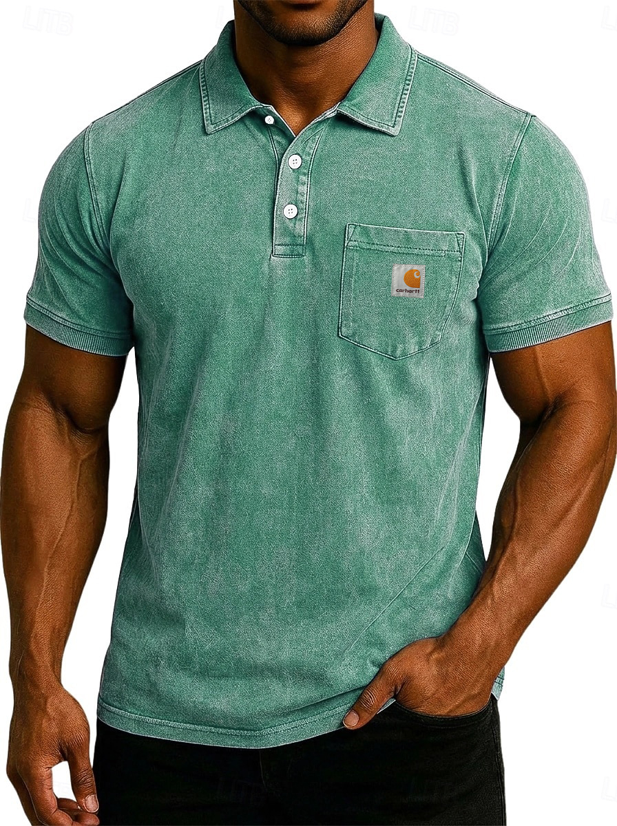 Men's Acid Wash Casual  Cotton Short Sleeve Polo Shirt 