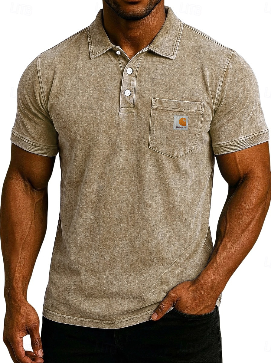 Men's Acid Wash Casual  Cotton Short Sleeve Polo Shirt 