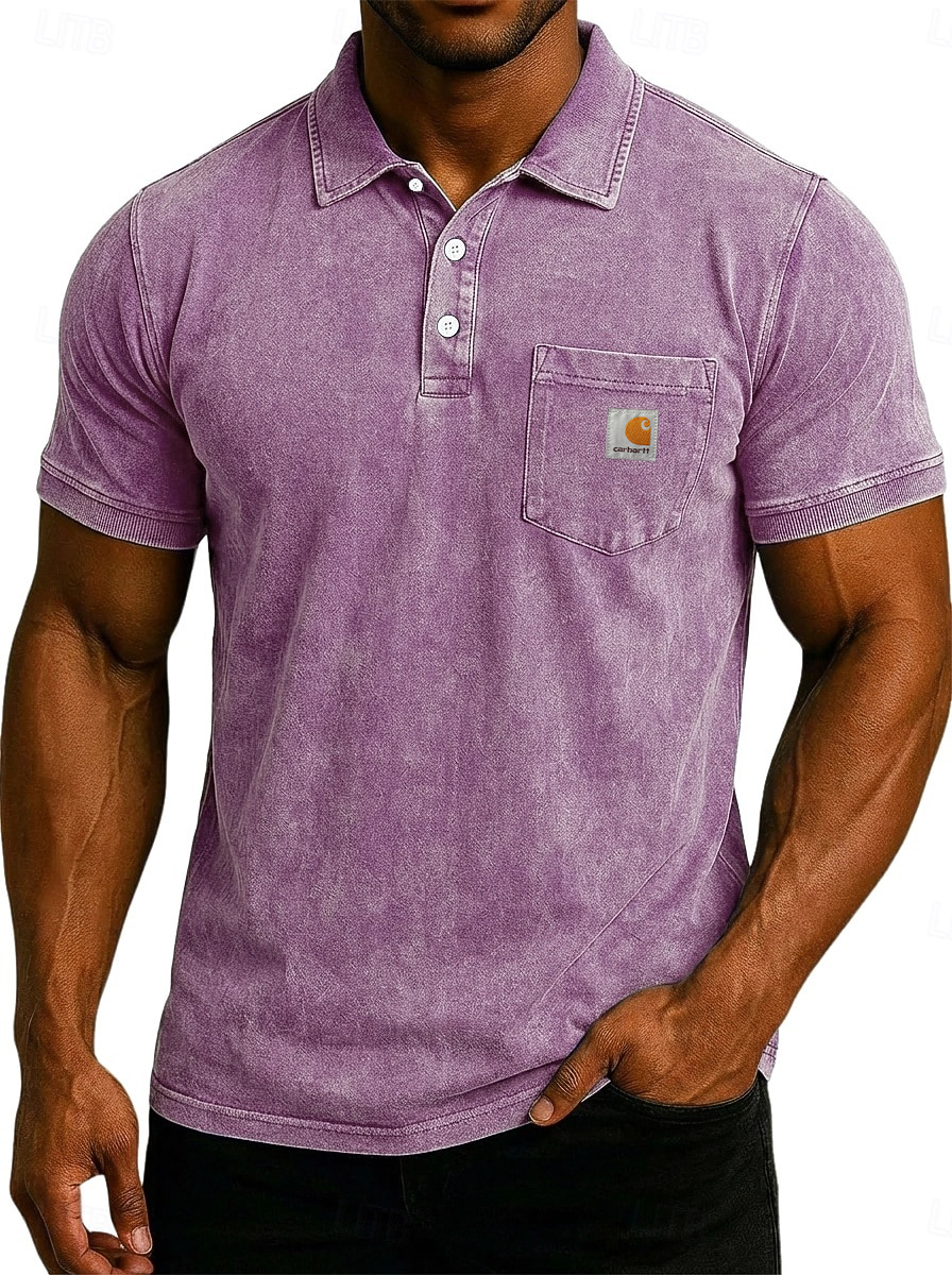 Men's Acid Wash Casual  Cotton Short Sleeve Polo Shirt 