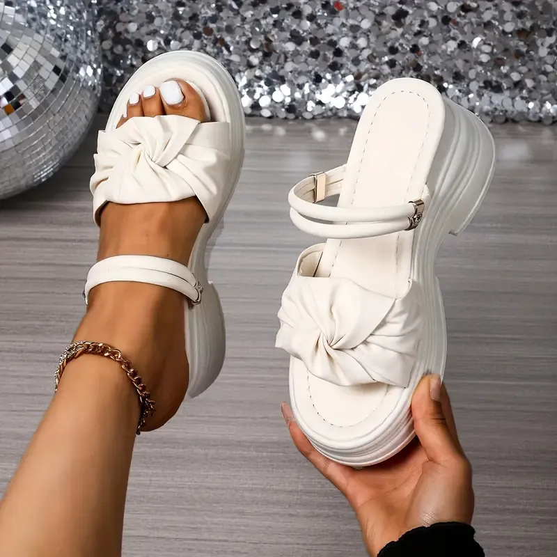 🔥Last Day 70% OFF - Women'S Stylish White Platform Wedge Sandals with Bow Detail