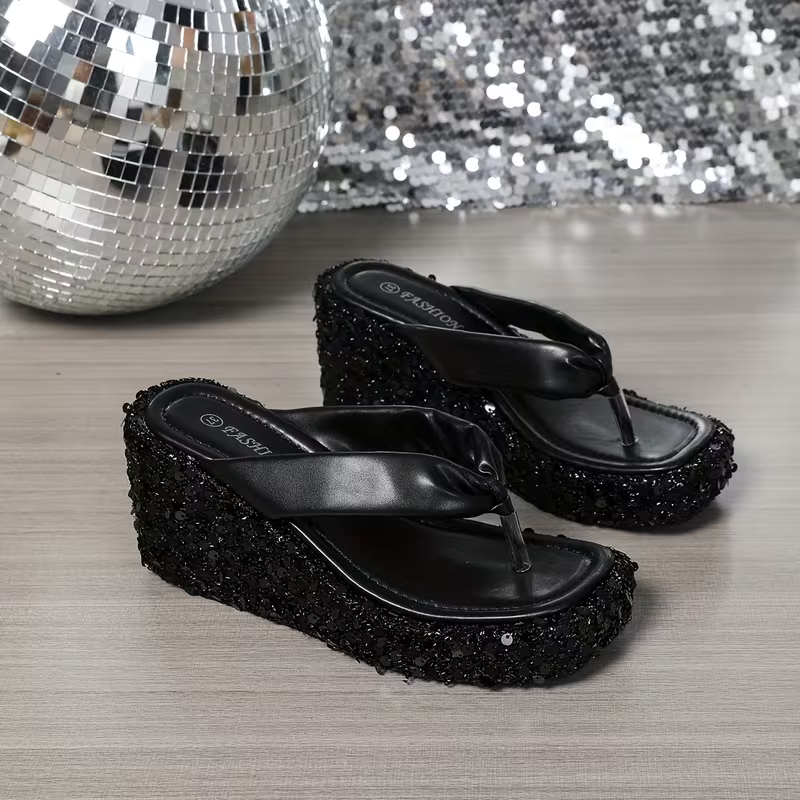 Women's Fashion Sequin Platform Wedge Sandals Slippers