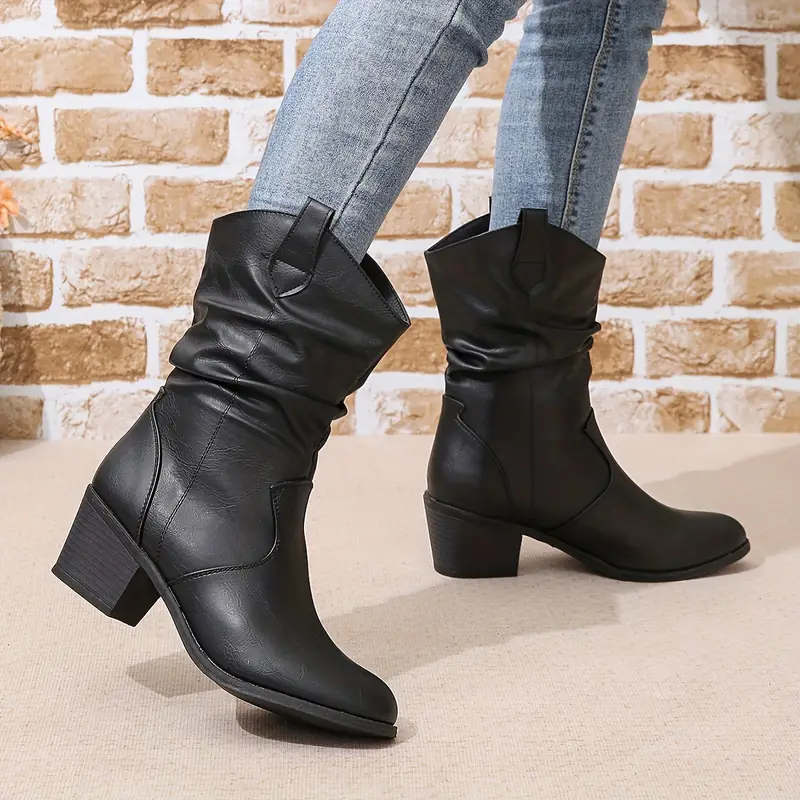 Women's Pleated Design Chunky Heel Boots