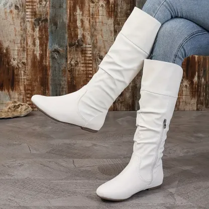 Women's Pleated Retro Round Toe Knee High Boots