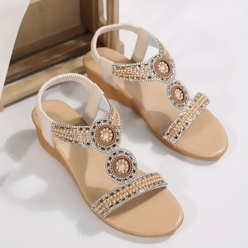 🔥Last Day 60% OFF - Elegant Pearl & Rhinestone Accents Wedge Sandals