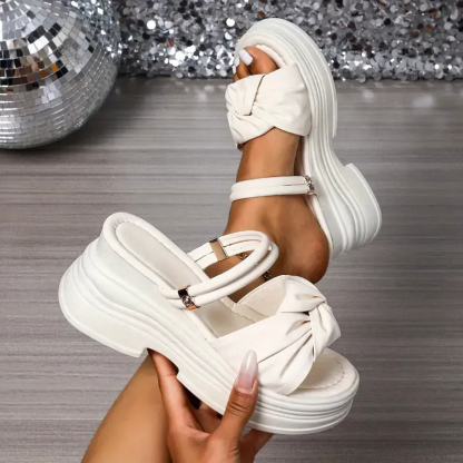 🔥Last Day 70% OFF - Women'S Stylish White Platform Wedge Sandals with Bow Detail