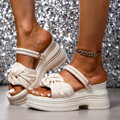 🔥Last Day 70% OFF - Women'S Stylish White Platform Wedge Sandals with Bow Detail