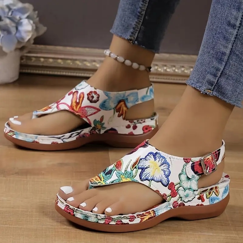 Embroidery Orthopedic Comfy Slipper Wedge Sandals, Walking Leather Sandals