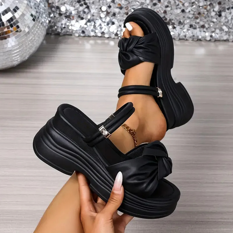 🔥Last Day 70% OFF - Women'S Stylish White Platform Wedge Sandals with Bow Detail