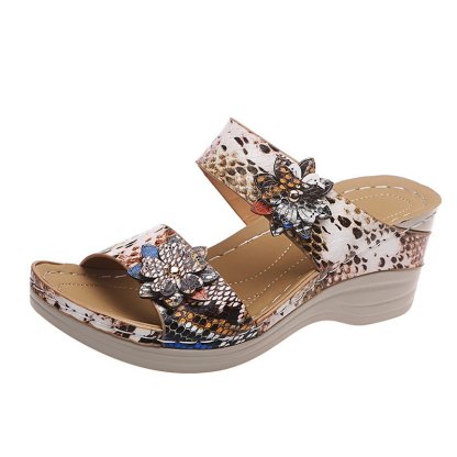 🌹New Leopard Print Leather Wedge Soft Sole Sandals