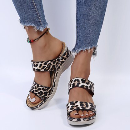 🌹New Leopard Print Leather Wedge Soft Sole Sandals