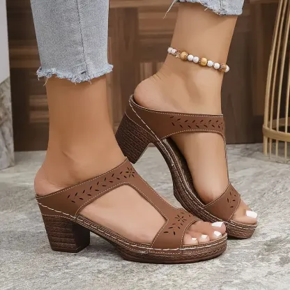 Women's Black Laser-Cut Chunky Heel Sandals ( BUY 2 FREE SHIPPING )