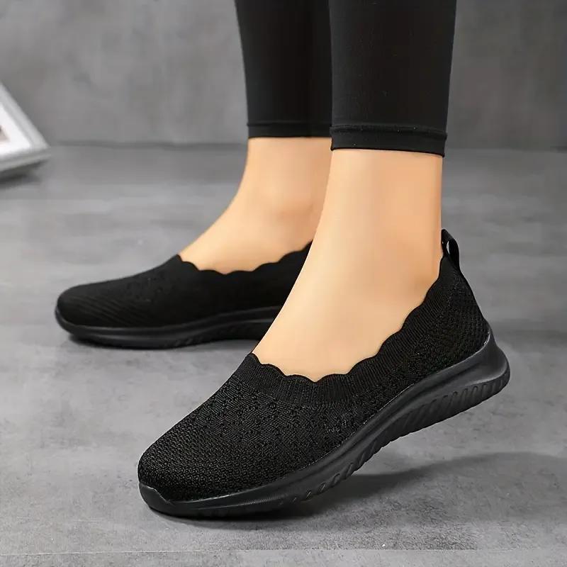 Comfy Solid Color Women's Knit Flat Anti-skid Slip On Casual Walking Shoes