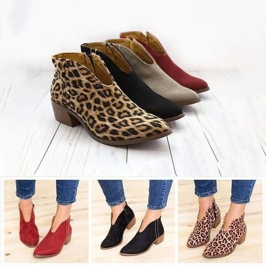 Women Sexy V-cut ankle zipper chunky boots