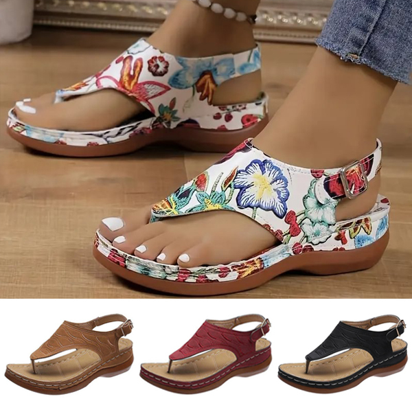 Embroidery Orthopedic Comfy Slipper Wedge Sandals, Walking Leather Sandals