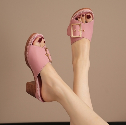 🔥Last Day 60% OFF - Large size mid-heel metal buckle slippers