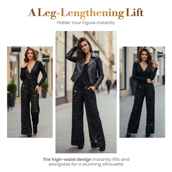 💖LAST DAY SALE 70% OFF🥰Women's Sequin Sparkle Wide Leg Pants with Elastic Waistband