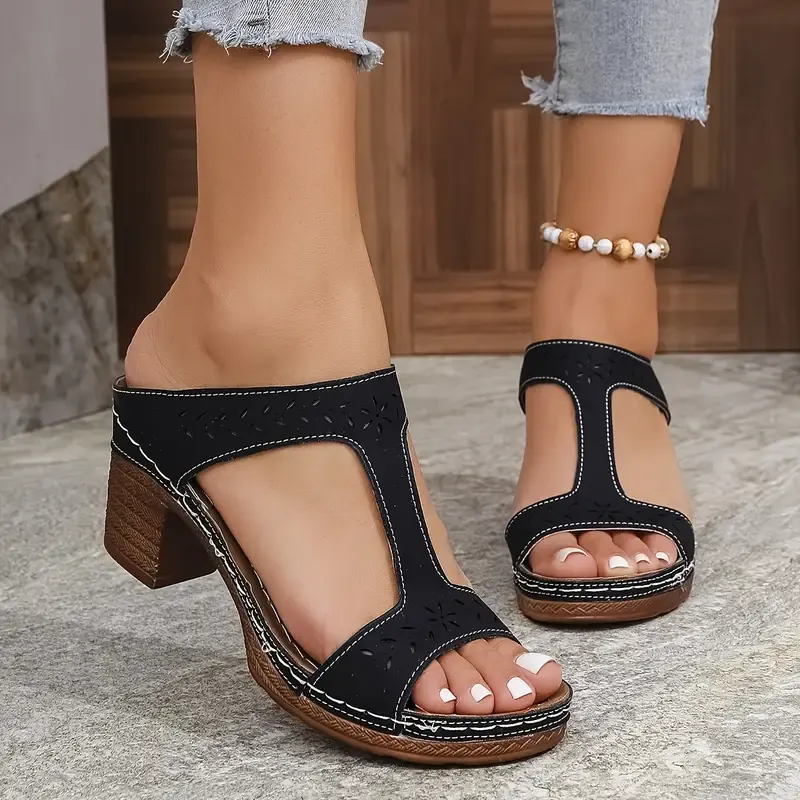 Women's Black Laser-Cut Chunky Heel Sandals ( BUY 2 FREE SHIPPING )