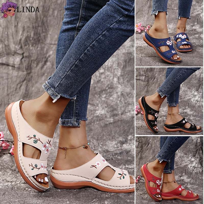 🔥Last Day Sale-[SAVE 50% OFF]-- Women's Orthopedic Flower Embroidered Wedges Sandals-BUY 2 FREE SHIPPING