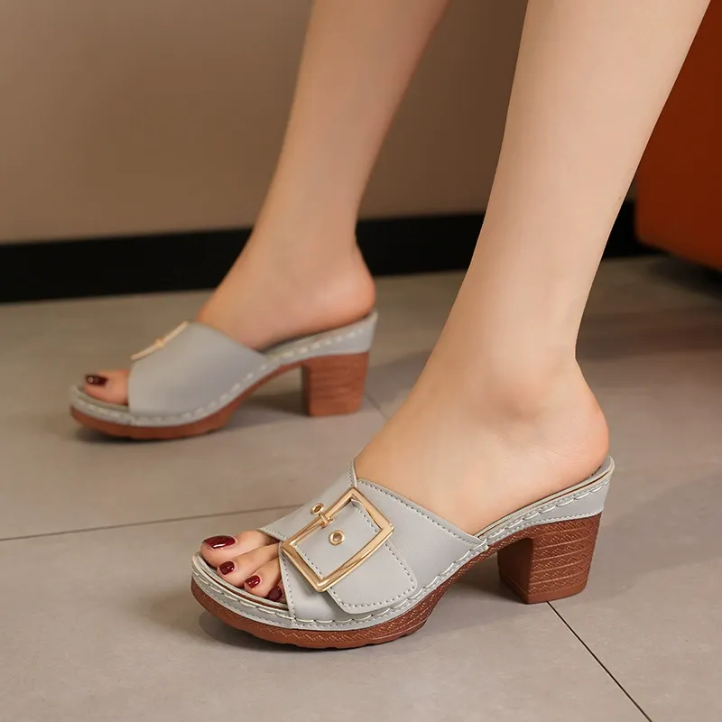 🔥Last Day 60% OFF - Large size mid-heel metal buckle slippers