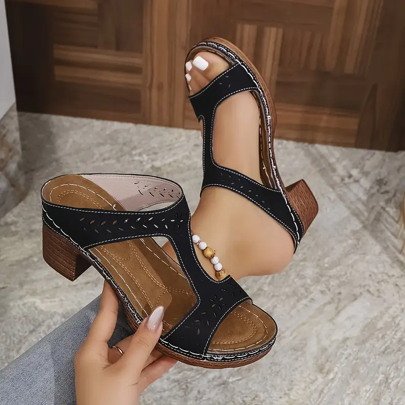 Women's Black Laser-Cut Chunky Heel Sandals ( BUY 2 FREE SHIPPING )