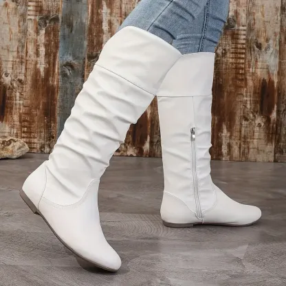 Women's Pleated Retro Round Toe Knee High Boots