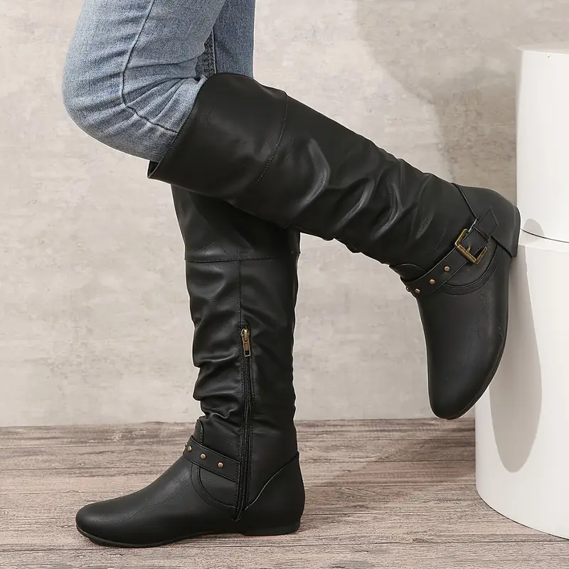 Women's Pleated Retro Round Toe Knee High Boots