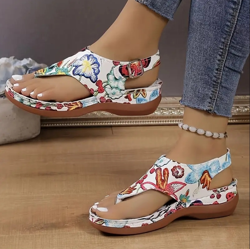 Embroidery Orthopedic Comfy Slipper Wedge Sandals, Walking Leather San