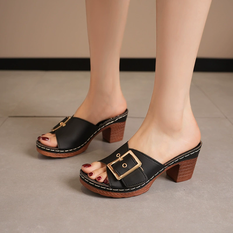 🔥Last Day 60% OFF - Large size mid-heel metal buckle slippers