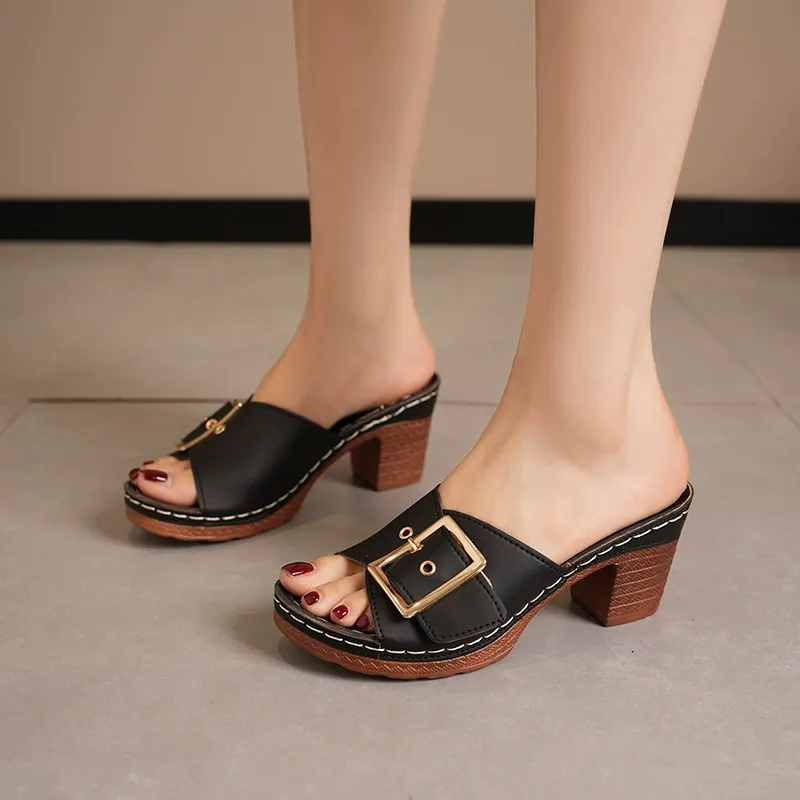 🔥Last Day 60% OFF - Large size mid-heel metal buckle slippers