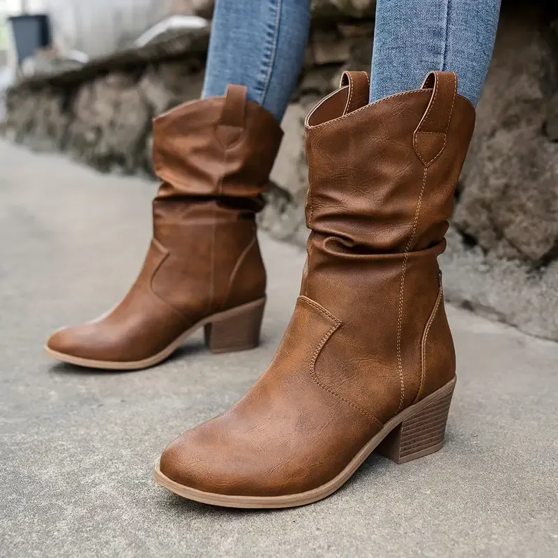 Women's Pleated Design Chunky Heel Boots